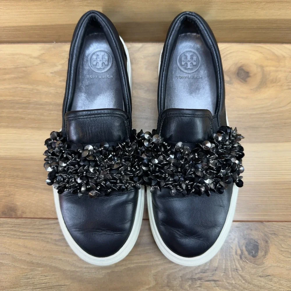 Tory Burch Logan Embellished Slip On 5 M Black Leather Beaded Pewter Casual Walk